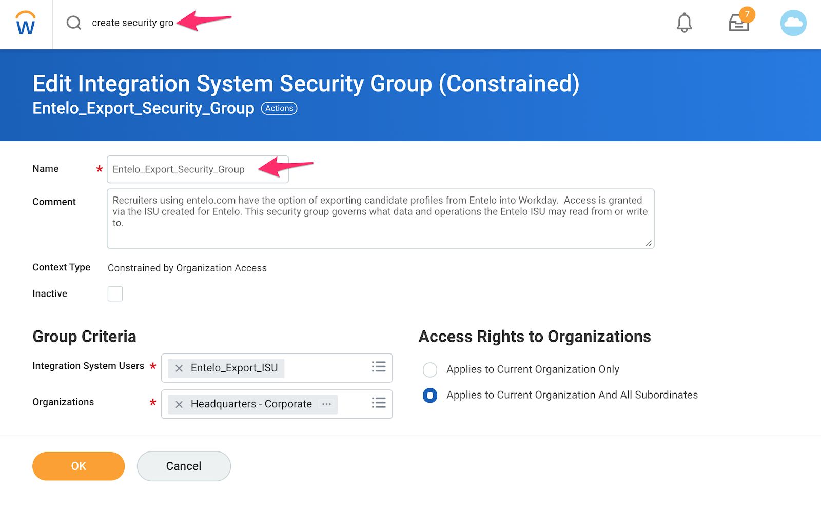 The Edit Integration System Security Group (Constrained) page with an arrow pointing at the Name field