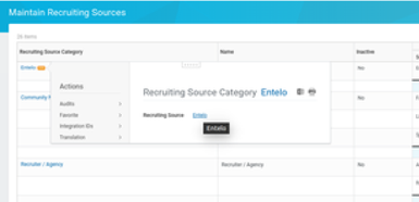 The Maintain Recruiting Sources list with an Entelo recruiting source category panel open