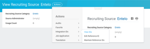The View Recruiting Source Entelo page with the Actions menu open at Integration IDs and View IDs