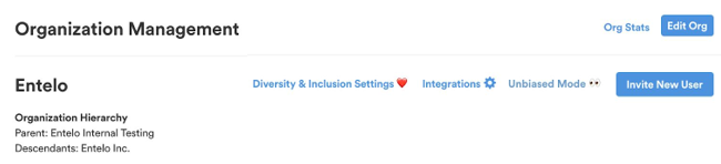 The Organization Management page for Entelo with the Integrations link beside Diversity & Inclusion Settings