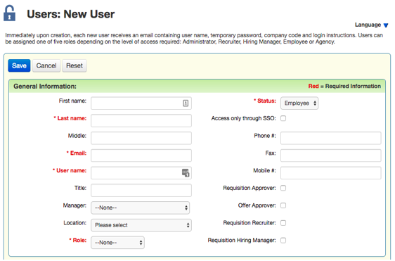 The Users: New User form with General Information fields and Save, Cancel and Reset buttons