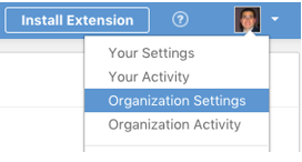 The account menu open with Organization Settings highlighted