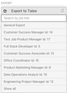 The Export to Taleo menu with a Search by job title field and a list of job titles with IDs