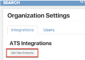 The Organization Settings Integrations tab with the Add Taleo Enterprise button highlighted