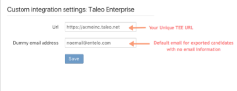 The Custom integration settings: Taleo Enterprise form with Url and Dummy email address fields, each with a note