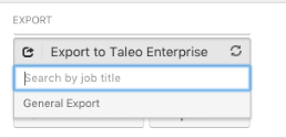 The Export to Taleo Enterprise menu open with a Search by job title field and General Export