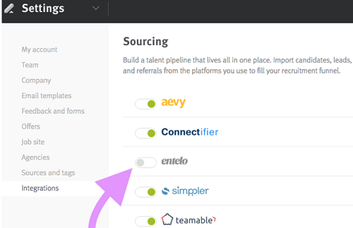 The Lever Settings Integrations page, Sourcing list, with an arrow pointing to the off toggle beside Entelo