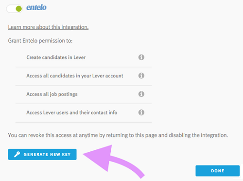 The Entelo integration in Lever with its permissions listed and an arrow pointing to Generate New Key