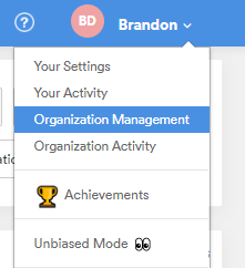 The account menu open with Organization Management highlighted