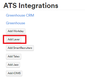 The ATS Integrations page with the Add Lever button highlighted