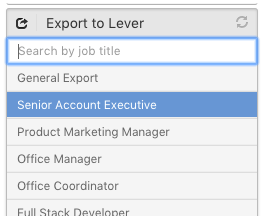 The Export to Lever menu with a Search by job title field and a list of job titles