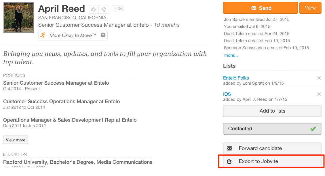 A candidate profile with the Export to Jobvite button highlighted at the bottom of the right-hand panel