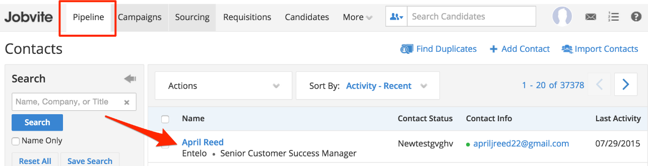 The Jobvite Contacts page with the Pipeline tab highlighted and an arrow pointing to a contact in the list