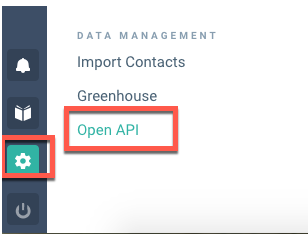 The side navigation with the gear icon selected and Open API highlighted under Data Management