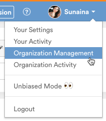 The account menu open with Organization Management highlighted