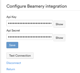 The Configure Beamery integration form with Api Key and Api Secret fields, a Save button and a Test Connection button