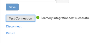The Test Connection button beside a green message that the Beamery integration test was successful