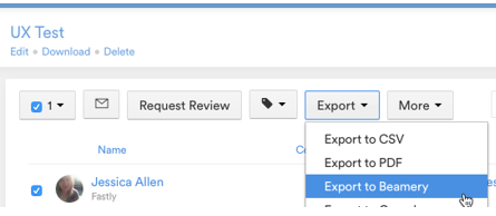A project's Export menu open with Export to Beamery highlighted