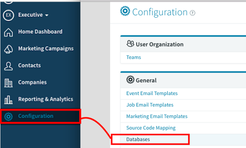 A sidebar menu with Configuration highlighted and a red arrow to Databases in the General list