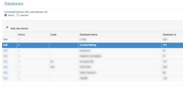 The Databases page listing database names and IDs, with one row selected