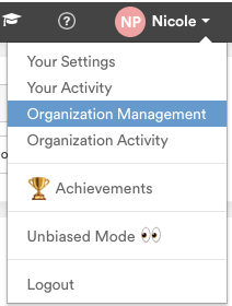 The account menu open with Organization Management highlighted