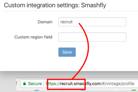 The Custom integration settings form for Smashfly with Domain filled in, linked by an arrow to a browser address bar