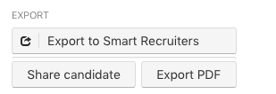 The Export area with Export to Smart Recruiters, Share candidate and Export PDF buttons