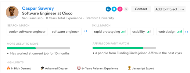 A candidate profile with Search Match and Skill Match tags, skill proficiency bars and highlights