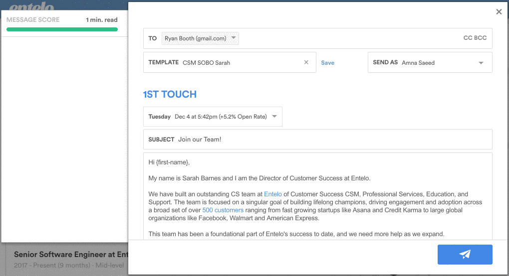 The email composer with a 1st Touch message, Template and Send As fields, a subject line and a message score panel