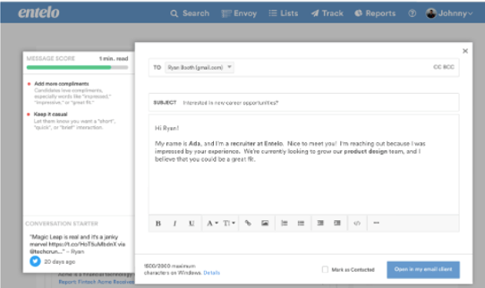 The Track email composer with a message score panel and a short message to a candidate