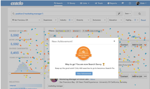 The Search results page with a New Achievement dialog for the Search Savvy badge and a View Achievement button