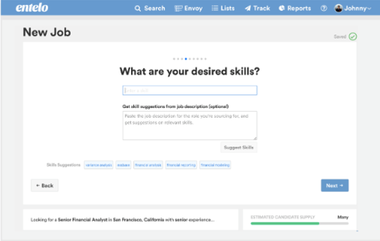 The New Job page asking What are your desired skills, with a skills field, Suggest Skills button, and Back and Next