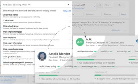 The Unbiased Sourcing Mode panel with options to hide details, and an arrow to an anonymized candidate profile