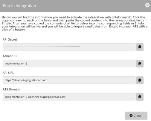 The Entelo Integration dialog listing API Secret, Tenant ID, API URL and ATS Domain fields with copy icons