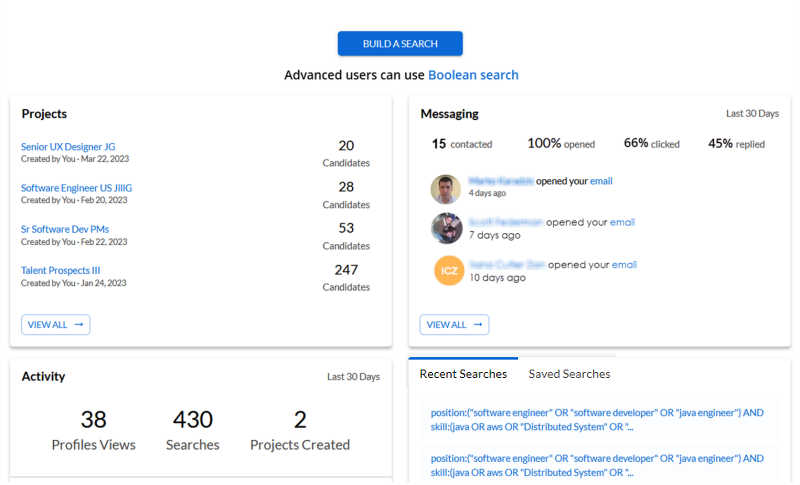 The Search home page with Build a Search, Projects, Messaging, Activity and Recent Searches panels