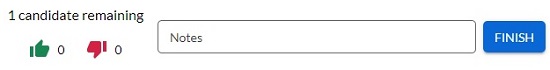 Review queue bar showing the candidates remaining, thumbs-up and thumbs-down counts, a Notes field and the Finish button