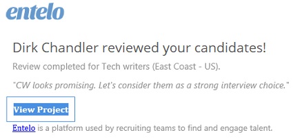 An email notification that a reviewer finished reviewing candidates, with the View Project button highlighted