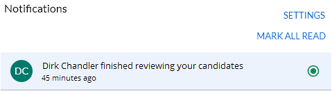 The Notifications panel with a message that a reviewer finished reviewing your candidates
