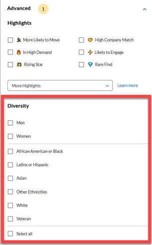 The Advanced search filters with the Diversity section highlighted, listing gender, ethnicity and veteran checkboxes