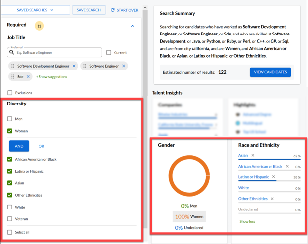 The search page with the Diversity filter and the Gender and Race and Ethnicity charts highlighted
