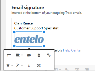 The Email signature settings with a logo image selected and a toolbar of image options below it