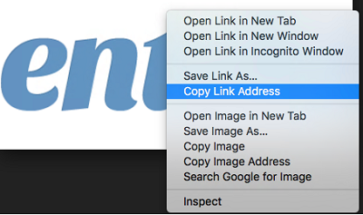A browser context menu with Copy Link Address highlighted, shown over a logo image