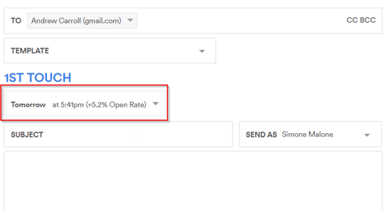 The email composer with the 1st Touch send time menu, set to Tomorrow, highlighted