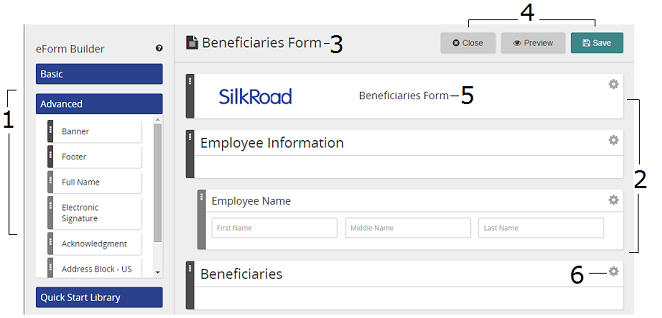 The eForm Builder with a Beneficiaries Form open, with numbered callouts on the element list, form sections and buttons