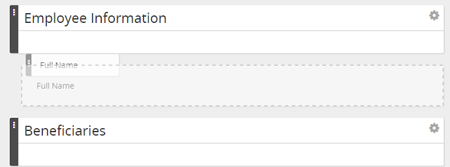 The form builder with a Full Name element being dragged between the Employee Information and Beneficiaries sections