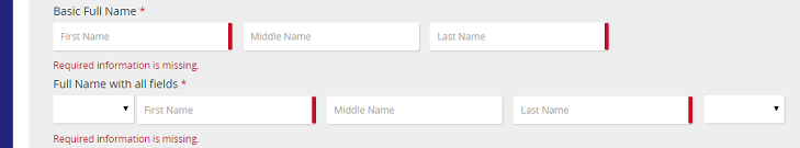 The two name fields on the form, each showing a Required information is missing error
