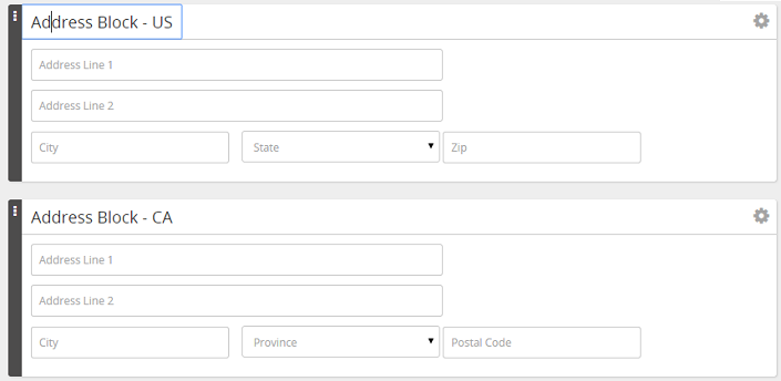 Two address blocks in the form builder, Address Block - US and Address Block - CA, with address, city and region fields
