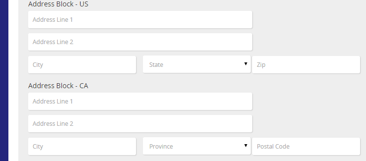 The form as the employee sees it, with the Address Block - US and Address Block - CA fields
