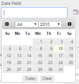 A Date Field with a calendar date picker open, showing July 2015 and Today and Clear buttons