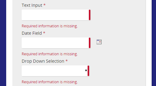 A form with Text Input, Date Field and Drop Down Selection fields, each showing a Required information is missing error